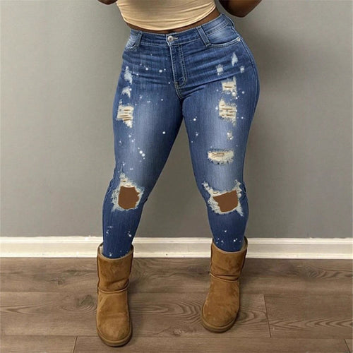Damen hochgeschnittene enggeschnittene Superstretch-Jeans mit Used-Knierissen und Paint-Splatter Nord Taschen