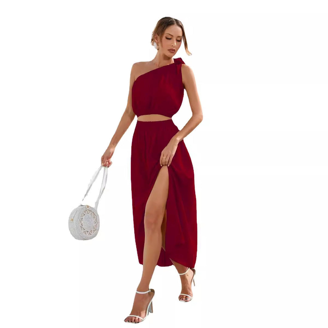 Damen Abendkleid mit schulterfreiem Design und hohem Schlitz Nord Taschen