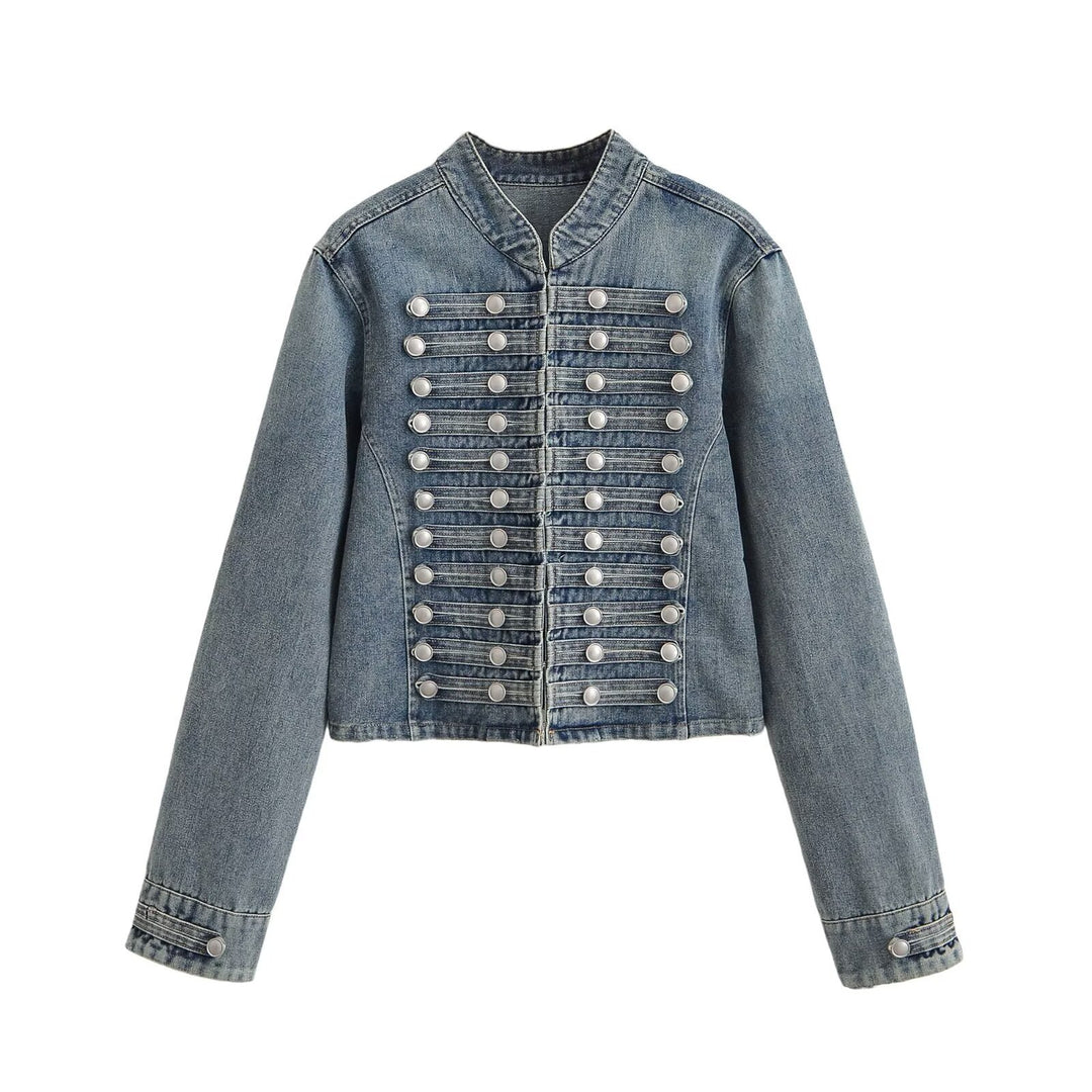 Damen Jeansjacke im Military-Stil mit Stehkragen und dekorativen Zierknopfleisten Nord Taschen