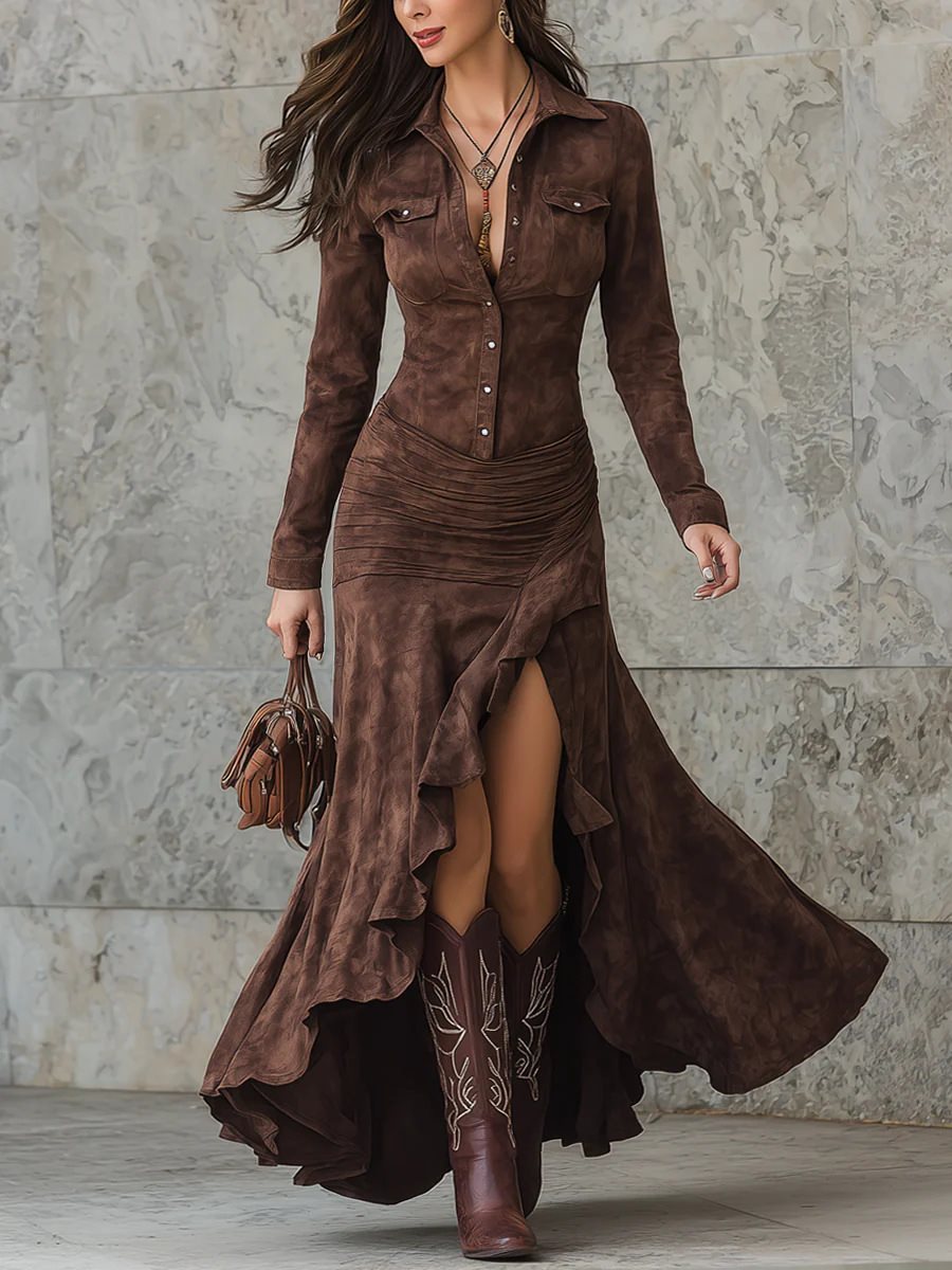 Damen Langes Hemdkleid im Wildleder‑Look mit Raffung, asymmetrischem Volant‑Saum und hohem Beinschlitz Nord Taschen
