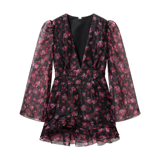 Damen Romantisches Chiffon‑Minikleid mit tiefem V‑Ausschnitt, Volantstufen und Trompetenärmeln Nord Taschen