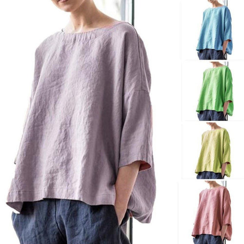 Damen Oversized Leinenbluse mit weitem Boxy‑Schnitt, U‑Boot‑Ausschnitt und 3/4‑Ärmeln Nord Taschen