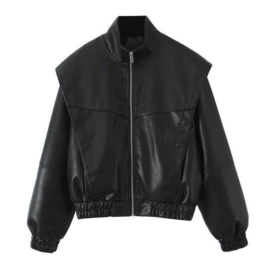 Damen Cropped Jacke im futuristischen Biker-Look aus veganer Lederoptik mit hohem Stehkragen und elastischem Saum Nord Taschen