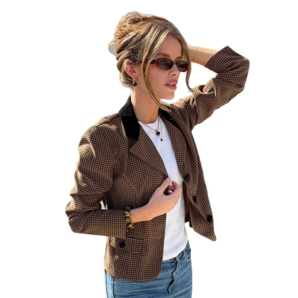 Damen Taillierter Hahnentritt-Blazer mit Samtkragen und Zweiknopfleiste Nord Taschen