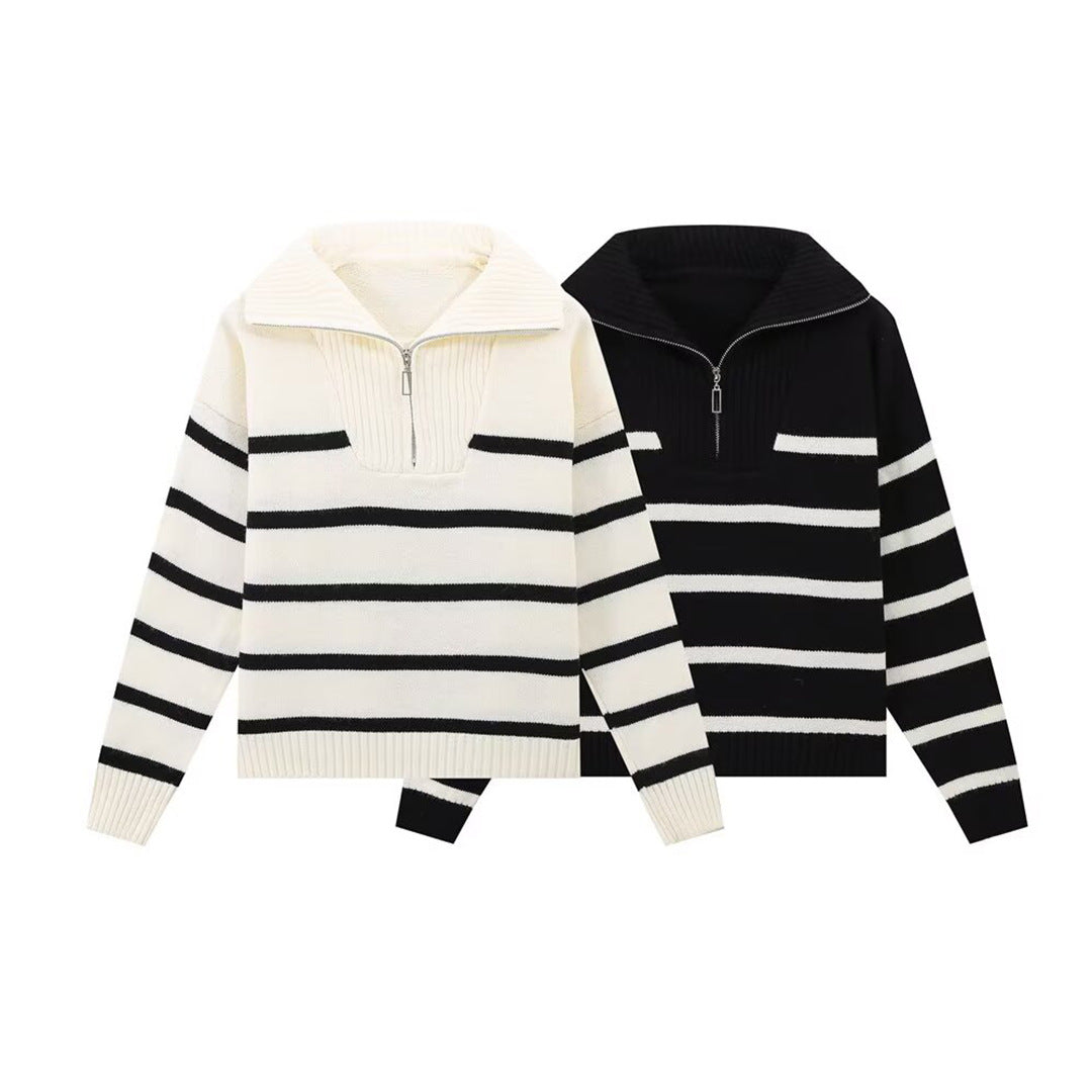 Damen Gestreifter Strickpullover mit hohem Rollkragen und halbem Reißverschluss Nord Taschen