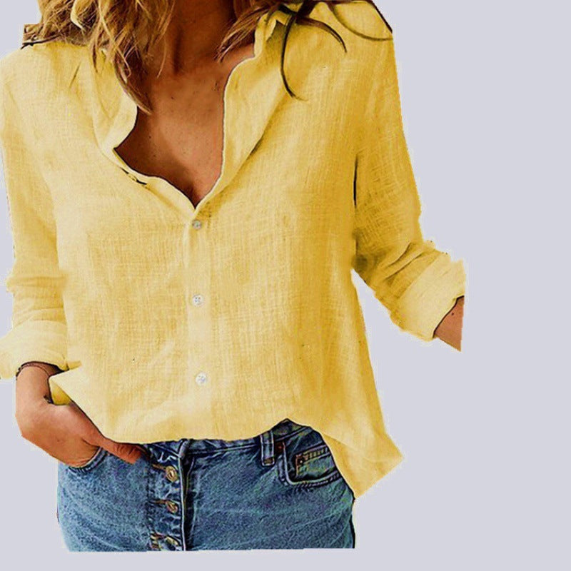 Damen Leichte Leinenbluse im legeren Oversize‑Schnitt mit Stufenkragen und durchgehender Knopfleiste Nord Taschen