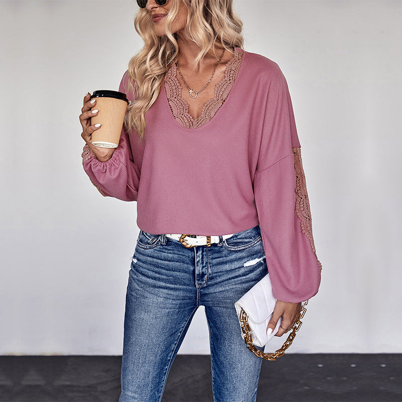 Damen Lockeres Shirt mit V‑Ausschnitt, Spitzenbesatz und Ballonärmeln Nord Taschen