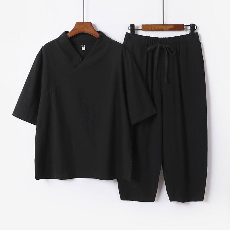 Herren Atmungsaktives Leinen-Baumwoll Lounge-Set mit asymmetrischem V-Kragen und elastischer Kordelhose Nord Taschen