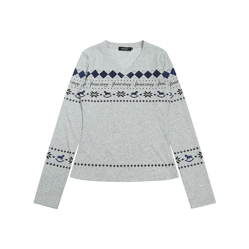 Damen Langarmshirt mit V-Ausschnitt und skandinavischem Norwegerprint aus Baumwollmix Nord Taschen