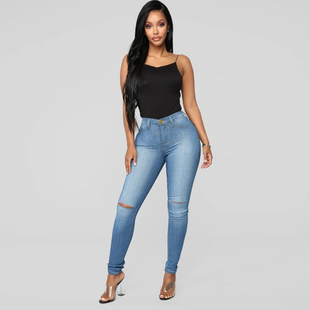 Damen High-Waist Skinny-Jeans mit Knie-Rissen und figurformendem Schnitt Nord Taschen