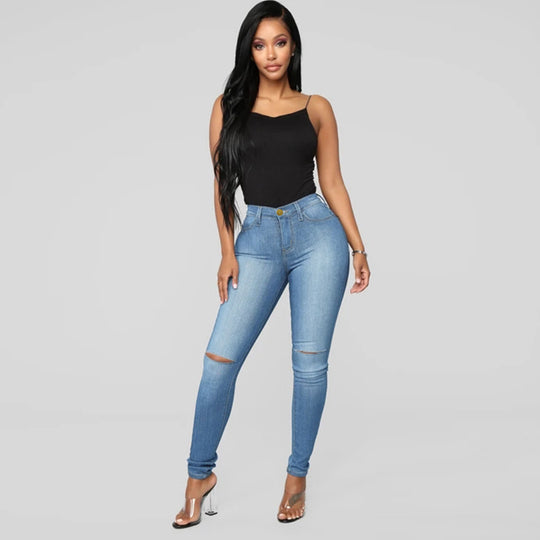 Damen High-Waist Skinny-Jeans mit Knie-Rissen und figurformendem Schnitt Nord Taschen