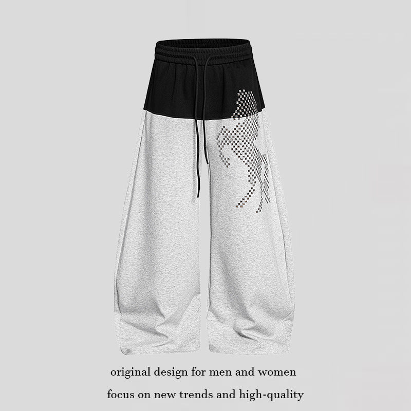 Damen Weite Palazzo-Joggpants mit hohem Elastikbund, kontrastierter Bundpartie und pixeliertem Pferde‑Motiv Nord Taschen