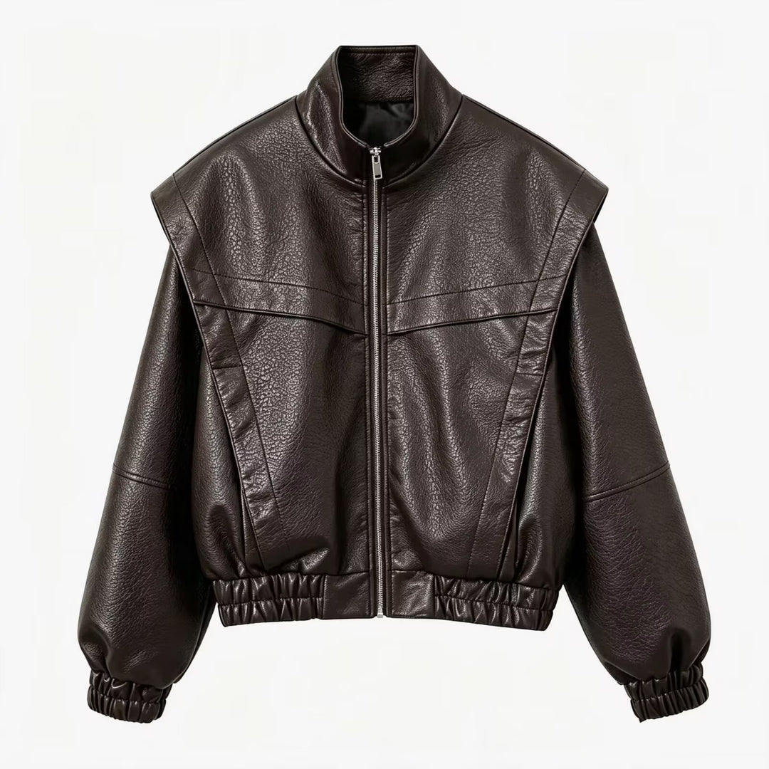 Damen Cropped Jacke im futuristischen Biker-Look aus veganer Lederoptik mit hohem Stehkragen und elastischem Saum Nord Taschen