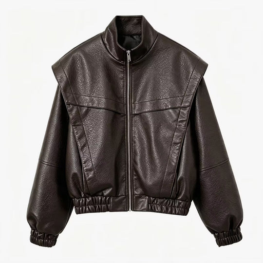 Damen Cropped Jacke im futuristischen Biker-Look aus veganer Lederoptik mit hohem Stehkragen und elastischem Saum Nord Taschen