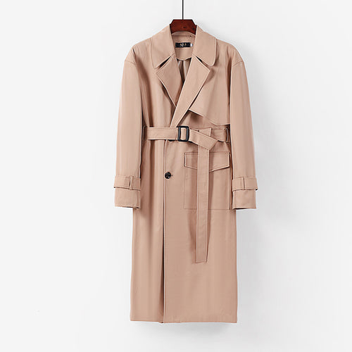 Damen Langer taillierter Trenchcoat mit Bindegürtel und weitem Schalkragen Nord Taschen