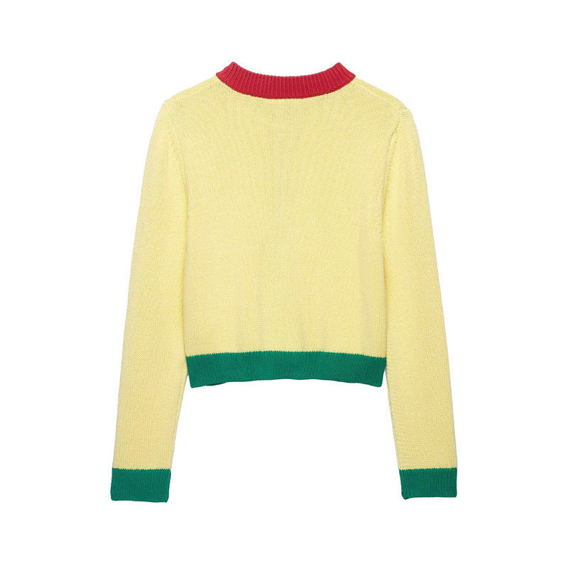 Damen Kurzer Grobstrick-Cardigan mit Kontrastblenden und Zierklappentaschen Nord Taschen