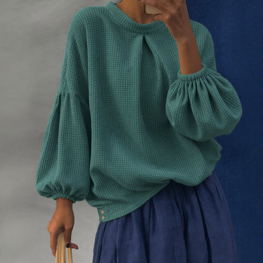 Damen Waffelstrick-Oversize-Bluse mit voluminösen Ballonärmeln Nord Taschen