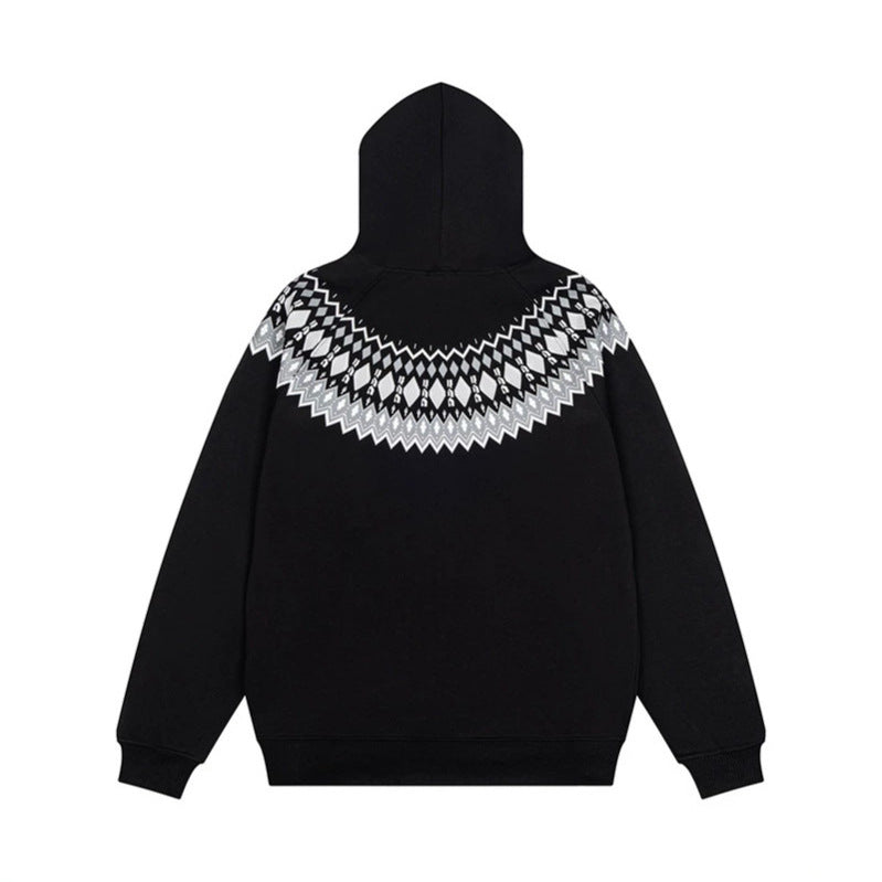 Unisex Oversize Kapuzenpullover mit nordischem Rundpasse-Jacquard, Kängurutasche und Rippbündchen Nord Taschen
