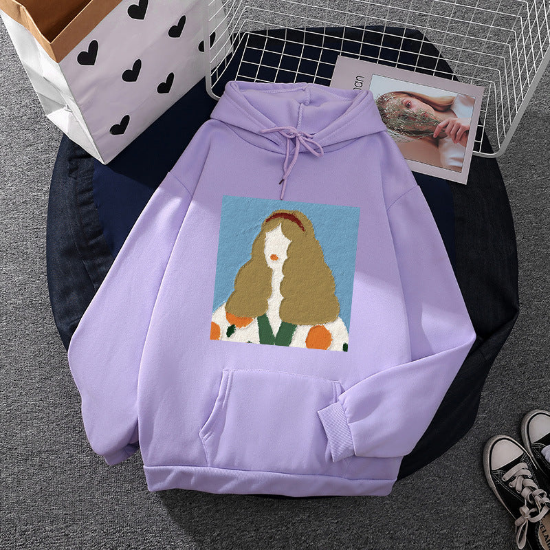 Damen nan Kapuzenpullover mit kunstvoller Chenille-Stickerei im Portraitstil und Kängurutasche Nord Taschen