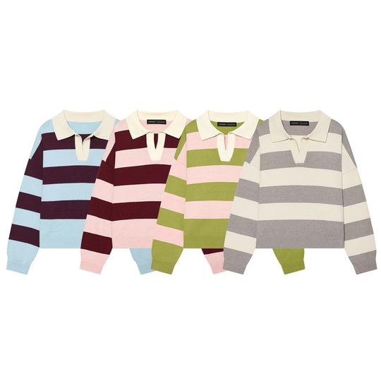 Damen Oversize Rugby-Pullover mit Polokragen und breiten Blockstreifen Nord Taschen