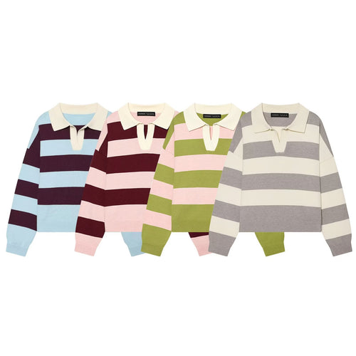 Damen Oversize Rugby-Pullover mit Polokragen und breiten Blockstreifen Nord Taschen