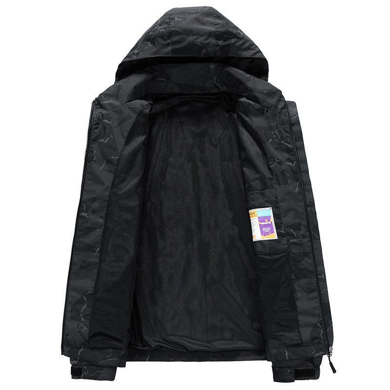 Herren Technische wasserdichte Kapuzenjacke mit grafischem Camouflage‑Print, Reißverschlusstaschen und verstellbarem Saum Nord Taschen