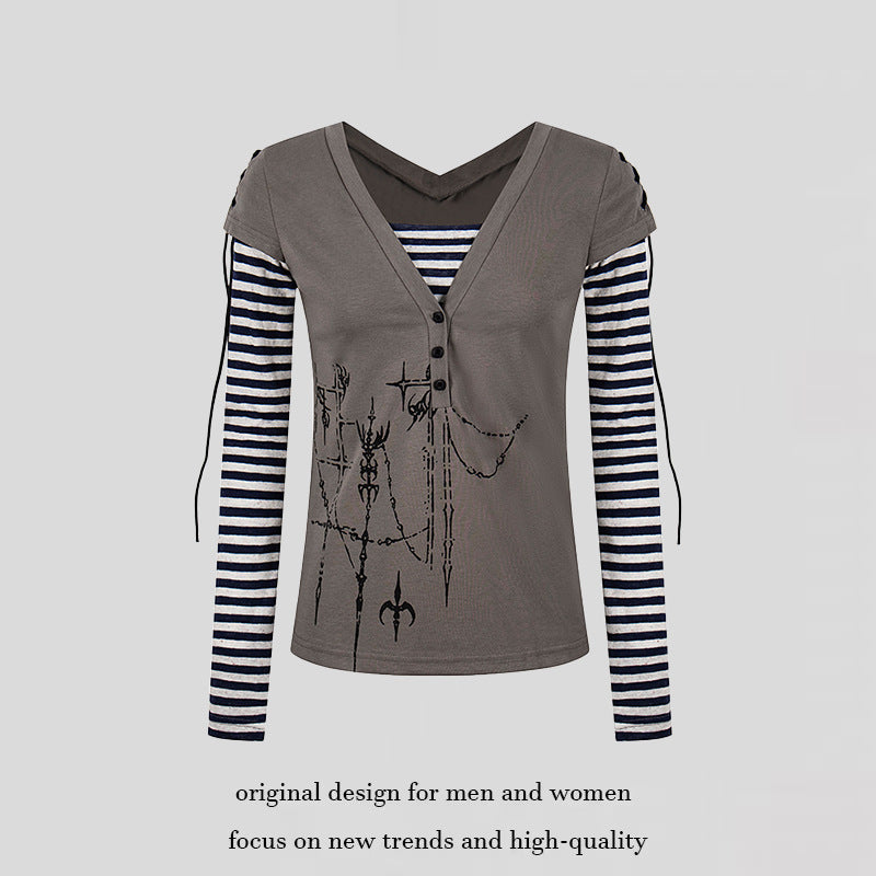 Damen Lagen-Langarmshirt mit V-Ausschnitt, Streifen-Innenlayer und Schnürdetail Nord Taschen