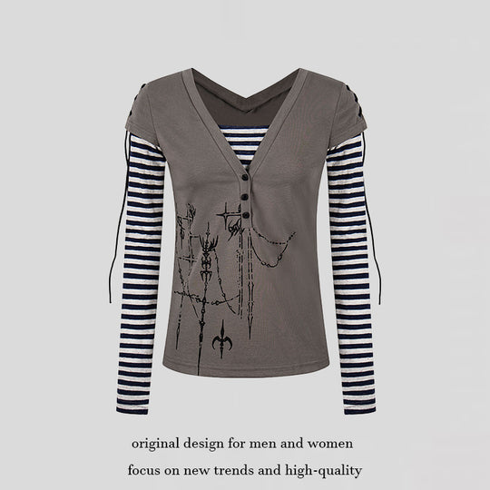 Damen Lagen-Langarmshirt mit V-Ausschnitt, Streifen-Innenlayer und Schnürdetail Nord Taschen