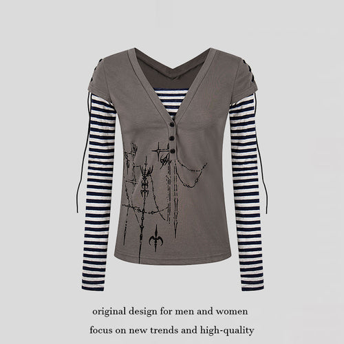 Damen Lagen-Langarmshirt mit V-Ausschnitt, Streifen-Innenlayer und Schnürdetail Nord Taschen
