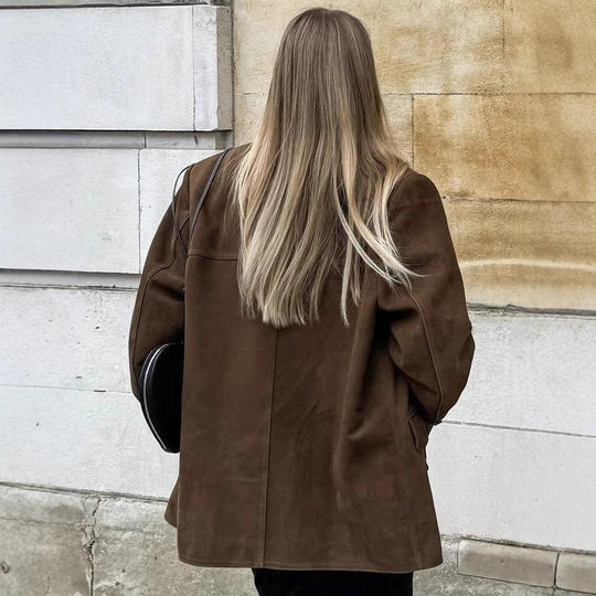 Damen Oversized Veloursleder-Blazer mit Revers und Pattentaschen Nord Taschen