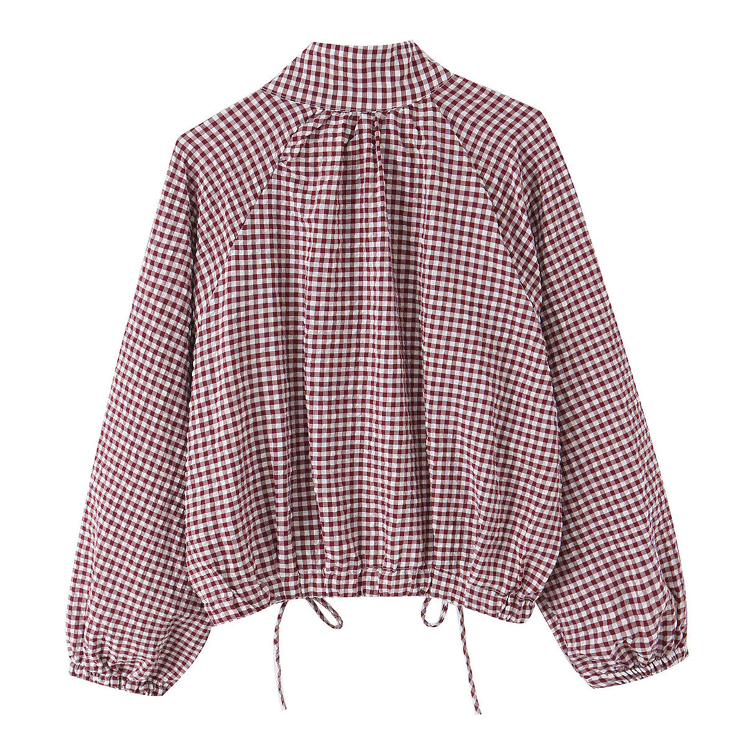 Damen Karierter Gingham-Blouson mit Tunnelzug-Saum, Raglanärmeln und Stehkragen Nord Taschen