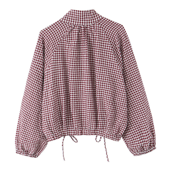 Damen Karierter Gingham-Blouson mit Tunnelzug-Saum, Raglanärmeln und Stehkragen Nord Taschen
