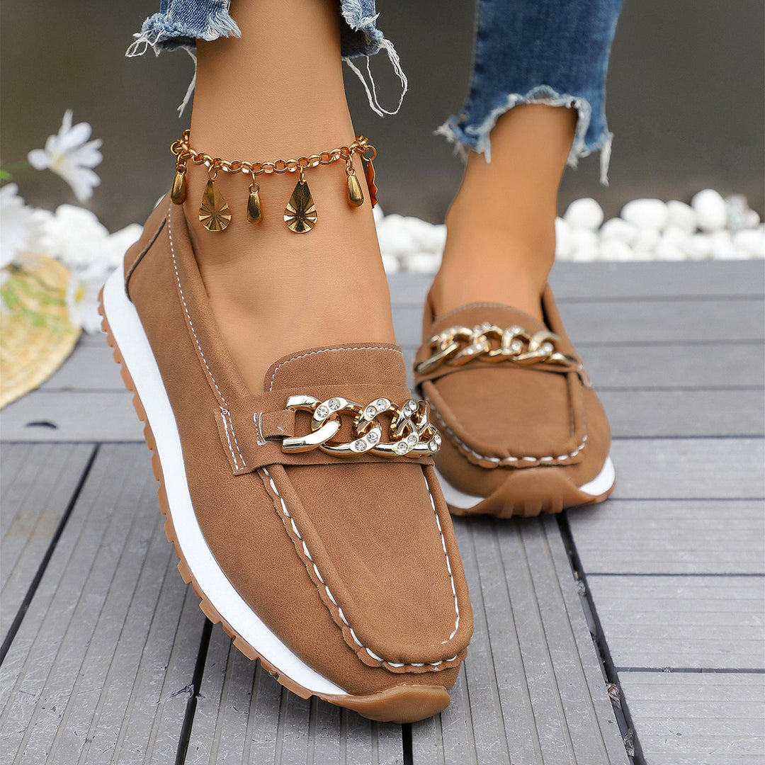 Damen Casual-Plateau-Loafer im Mokassin-Stil mit glitzernder Kettendekor und profilierter Gummisohle Nord Taschen
