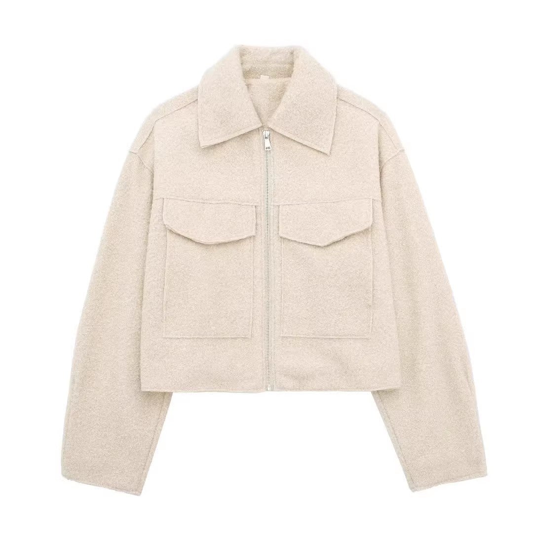 Damen Kurzgeschnittene Sherpa-Jacke mit Reißverschluss und aufgesetzten Pattentaschen Nord Taschen