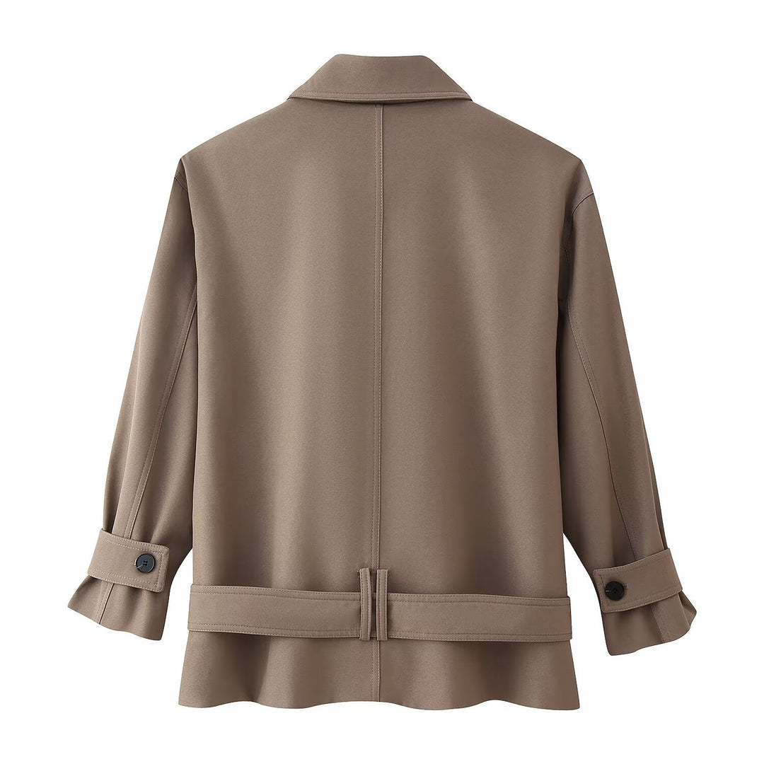 Damen Kurzer doppeltreihiger Trenchcoat mit Stehkragen und Taillengürtel Nord Taschen