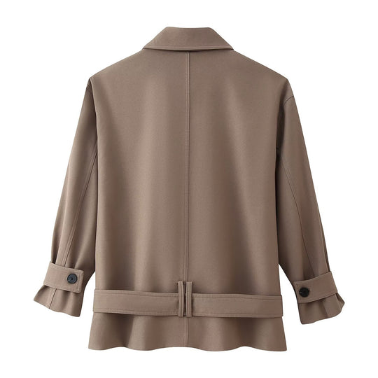 Damen Kurzer doppeltreihiger Trenchcoat mit Stehkragen und Taillengürtel Nord Taschen