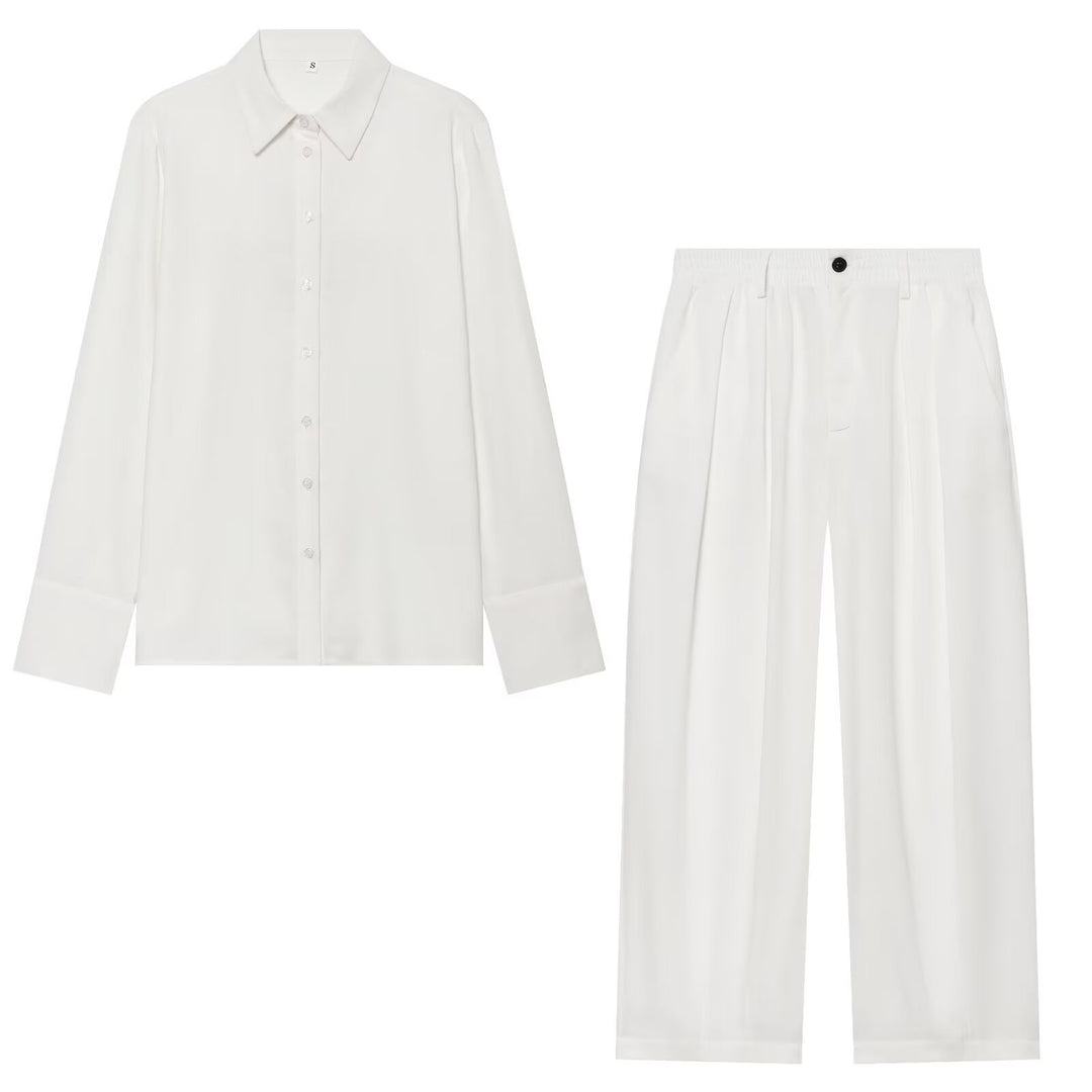 Damen Zweiteiliges Satin-Set mit weichem Oversized-Hemd und hochgeschnittener Palazzo-Hose Nord Taschen