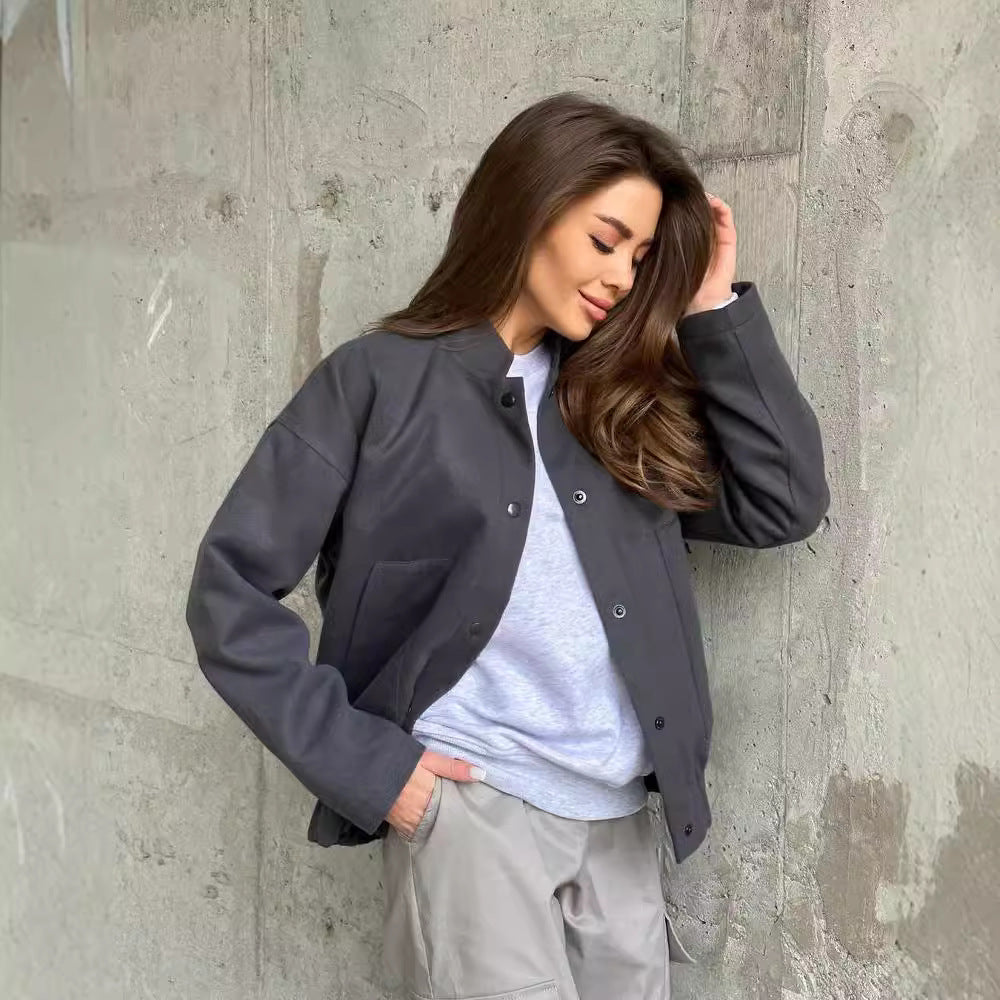 Damen Kurz geschnittene Bomberjacke aus Wollmix mit Druckknopfverschluss und elastischem Saum Nord Taschen