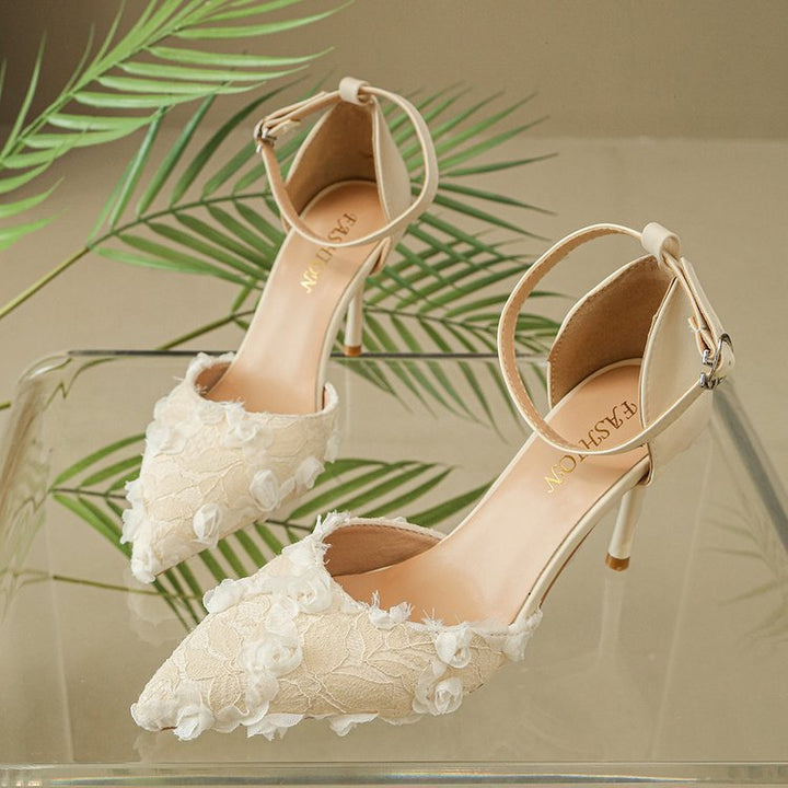 Damen elegante High Heels mit floralem Spitzendesign und verstellbarem Riemen