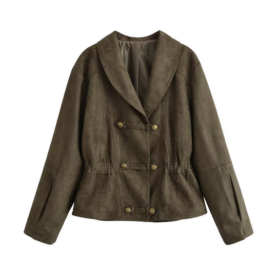 Damen Cropped Wildlederoptik-Jacke mit Schalkragen, Taillenraffung und dekorativen Knebelknöpfen Nord Taschen