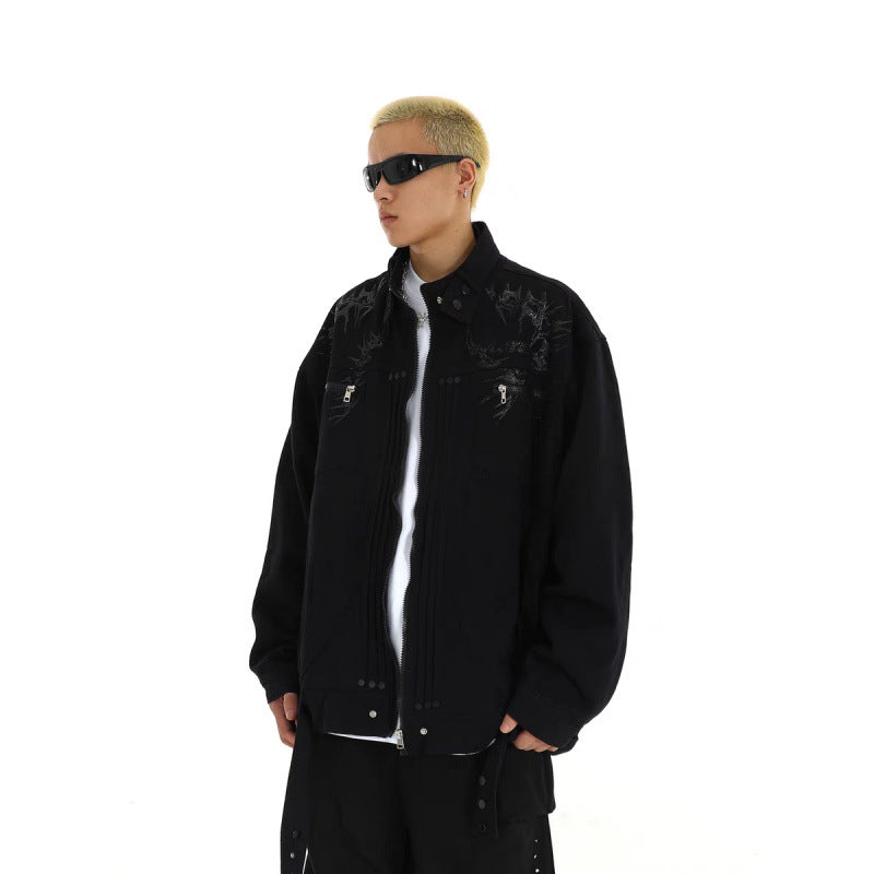 Herren Oversized Utility-Jacke mit Stickerei, Stehkragen, Reißverschluss und langen Gurtbändern Nord Taschen