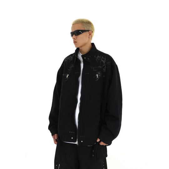 Herren Oversized Utility-Jacke mit Stickerei, Stehkragen, Reißverschluss und langen Gurtbändern Nord Taschen