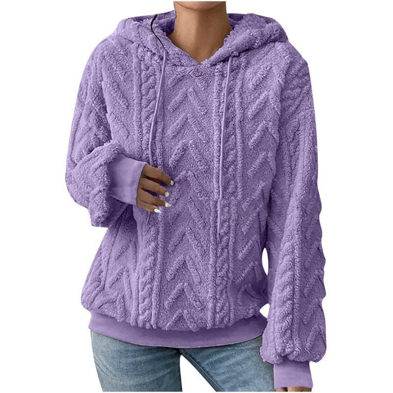 Damen Flauschiger Kapuzenpullover im Zopfmuster mit Oversize-Schnitt Nord Taschen
