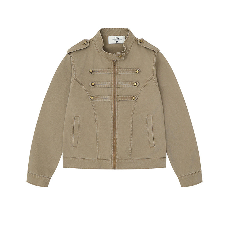 Damen Military-inspirierte Baumwoll-Canvas-Jacke mit Stehkragen, Zierknopfleisten und Schulterpatten Nord Taschen