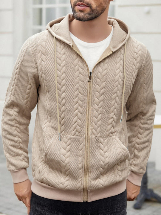 Herren strukturierte Kapuzen-Sweatjacke mit Zopfmuster, durchgehendem Reißverschluss und Kängurutasche Nord Taschen
