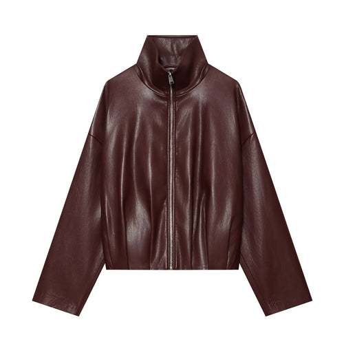 Damen Cropped Boxy-Bomberjacke in glänzender Lederoptik mit hohem Funnelkragen Nord Taschen