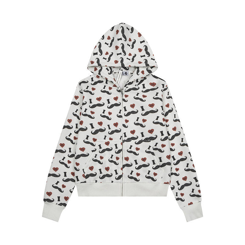 Damen Kurze Kapuzen‑Sweatjacke im Grafik-Print mit Rippbündchen und Kängurutaschen Nord Taschen