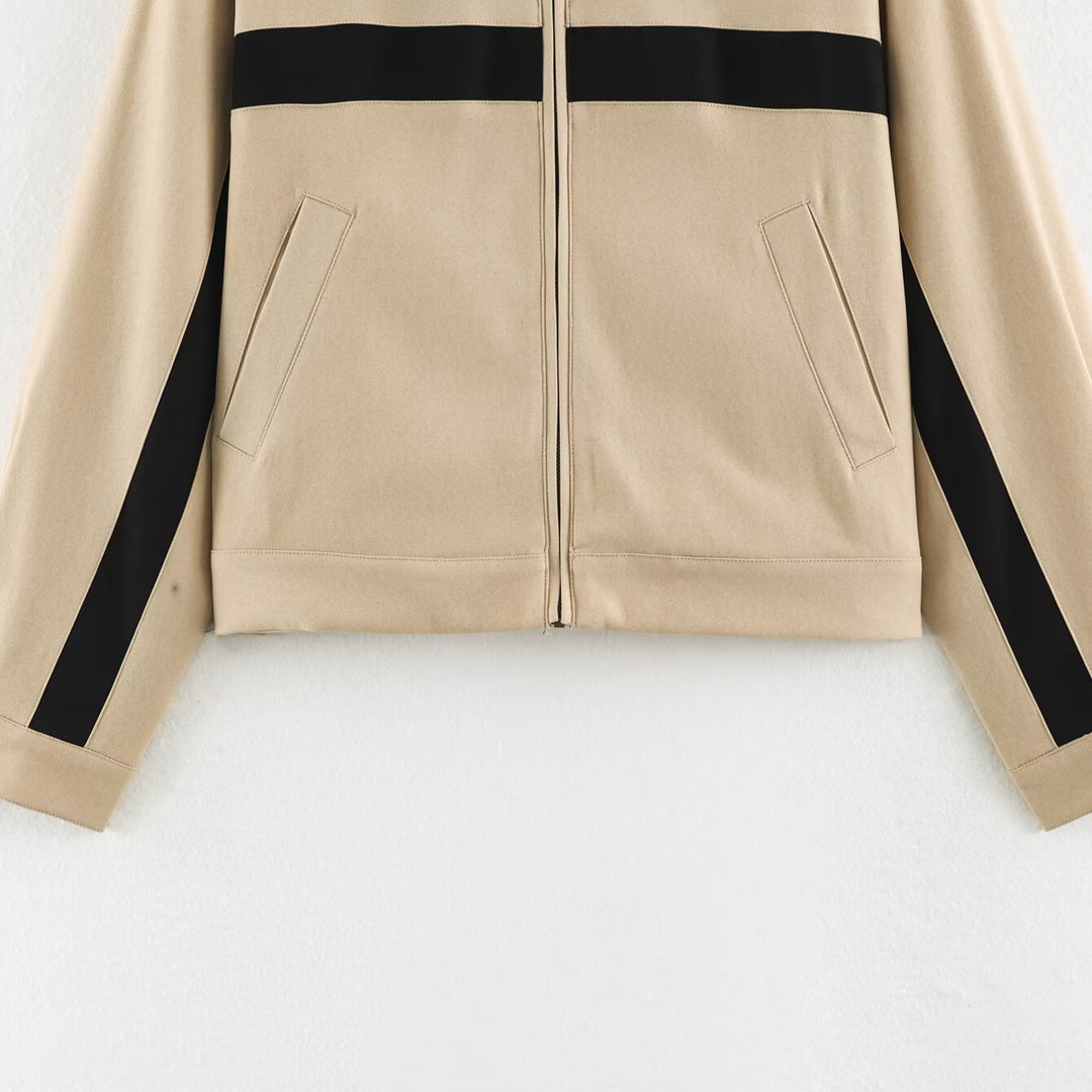 Damen Cropped Trackjacke mit Stehkragen, Reißverschluss und seitlichen Kontraststreifen Nord Taschen