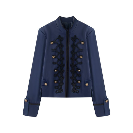 Damen Kurzjacke im Militärestil mit Stehkragen Kordverzierung und Zierknöpfen Nord Taschen