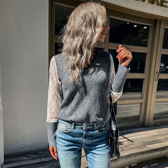 Damen Eleganter Strickpullover mit Spitzenärmeln Nord Taschen